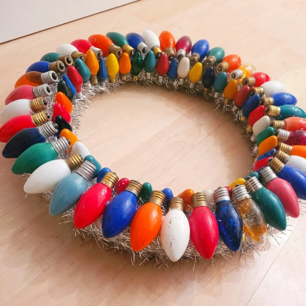 Handmade vintage tinsel and lightbulb Christmas wreath